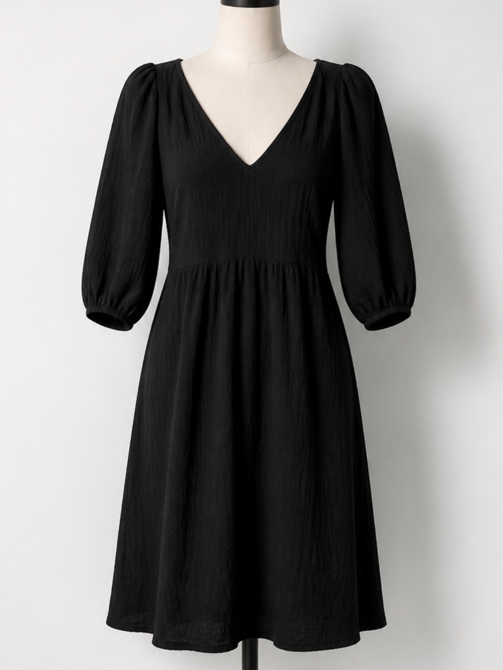 Madewell Black V-Neck Midi Dress with Puff Sleeves